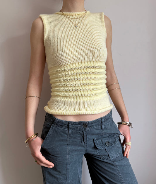 Handmade butter yellow shirred knitted vest