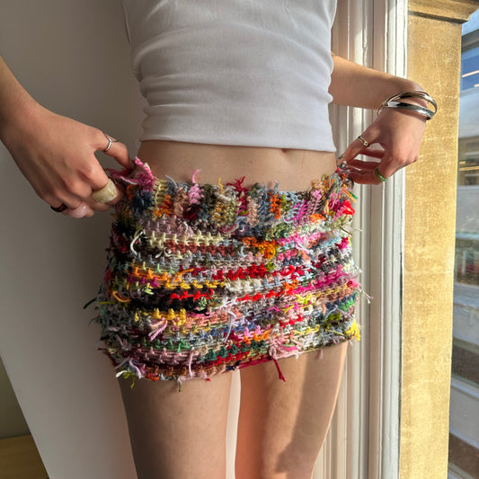 Handmade scrappy crochet mini skirt - 1 of 1, made of leftover yarn scraps (pre made)
