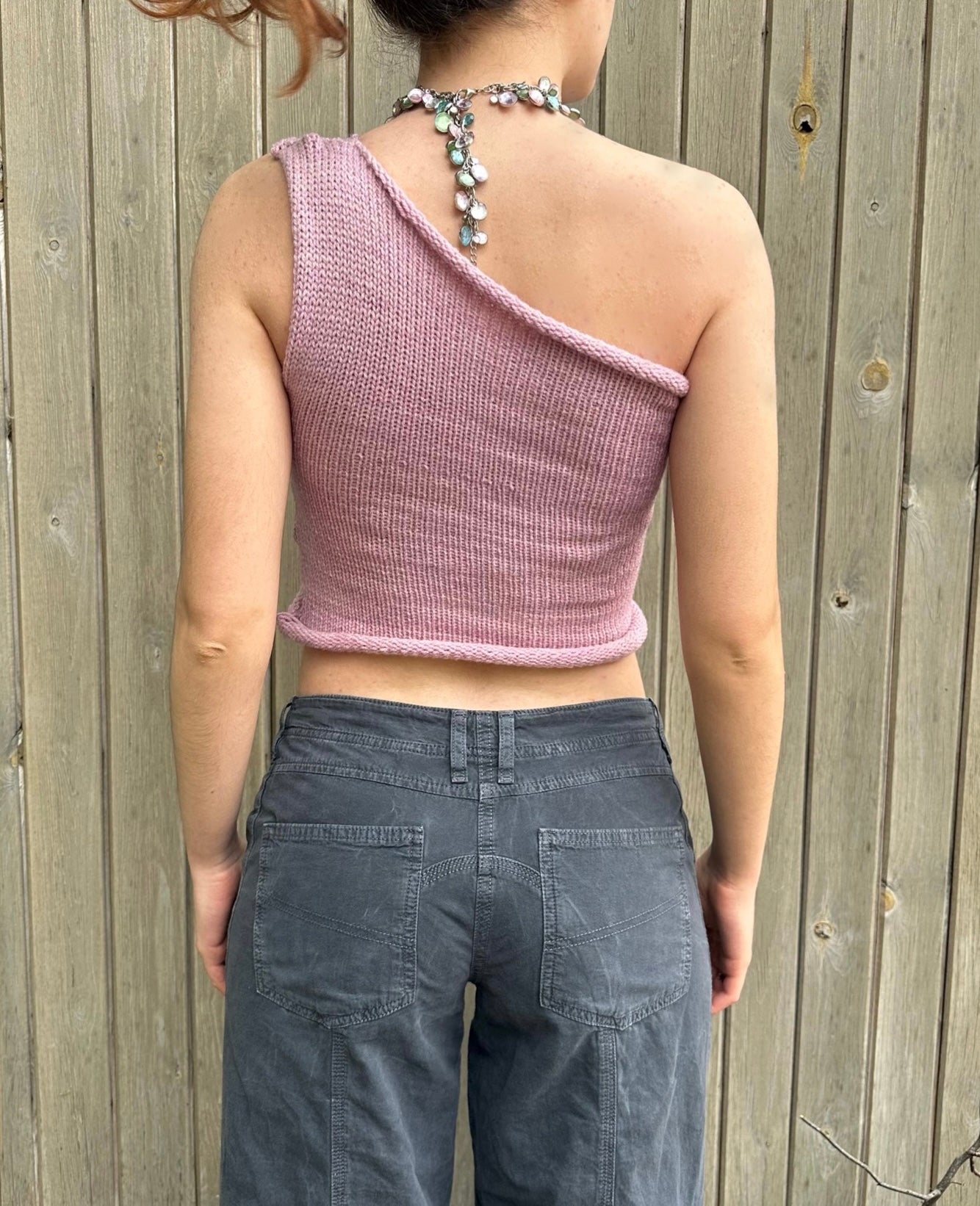 Handmade knitted dusky pink asymmetrical one shoulder top