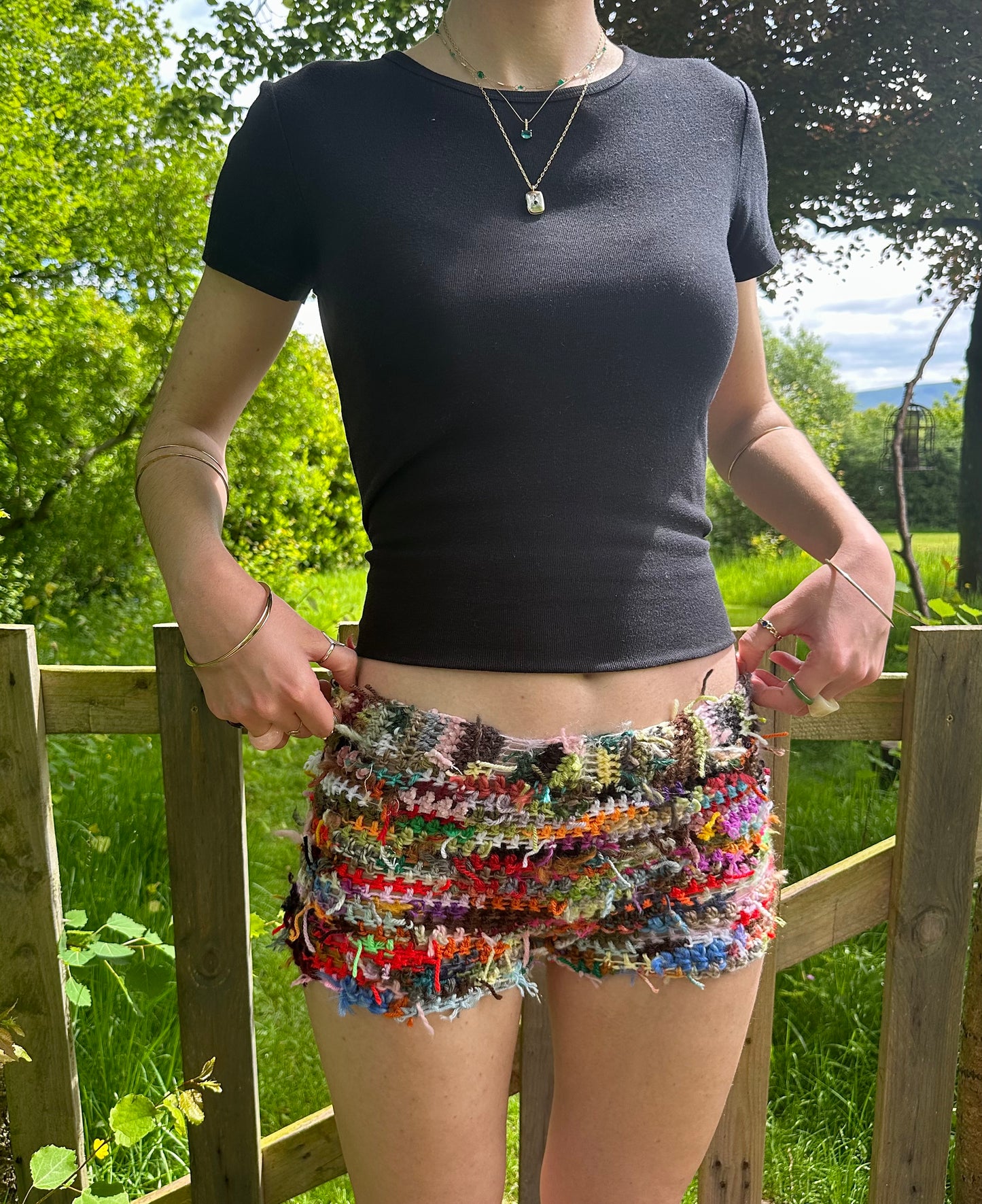 Handmade scrappy crochet shorts - 1 of 1, made of leftover yarn scraps