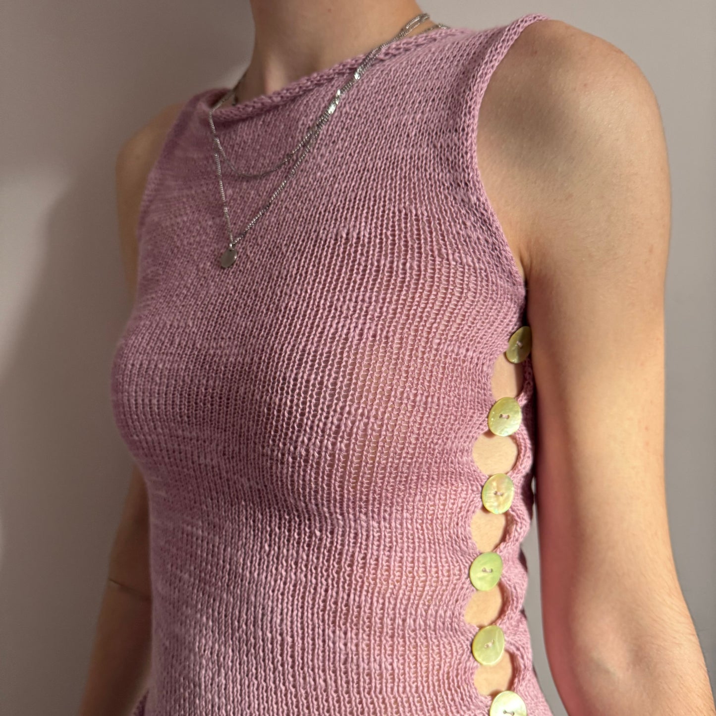 Handmade knitted Pearl Vest in lilac with green mother of pearl buttons - linen blend