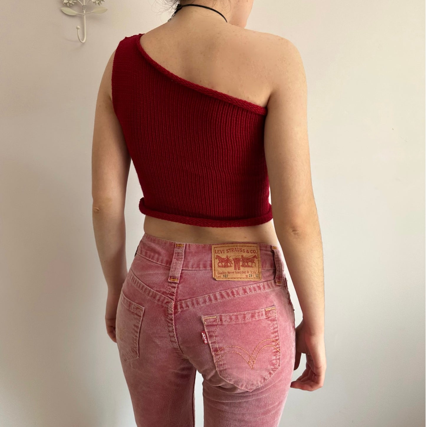 Handmade knitted dark red asymmetrical one shoulder top