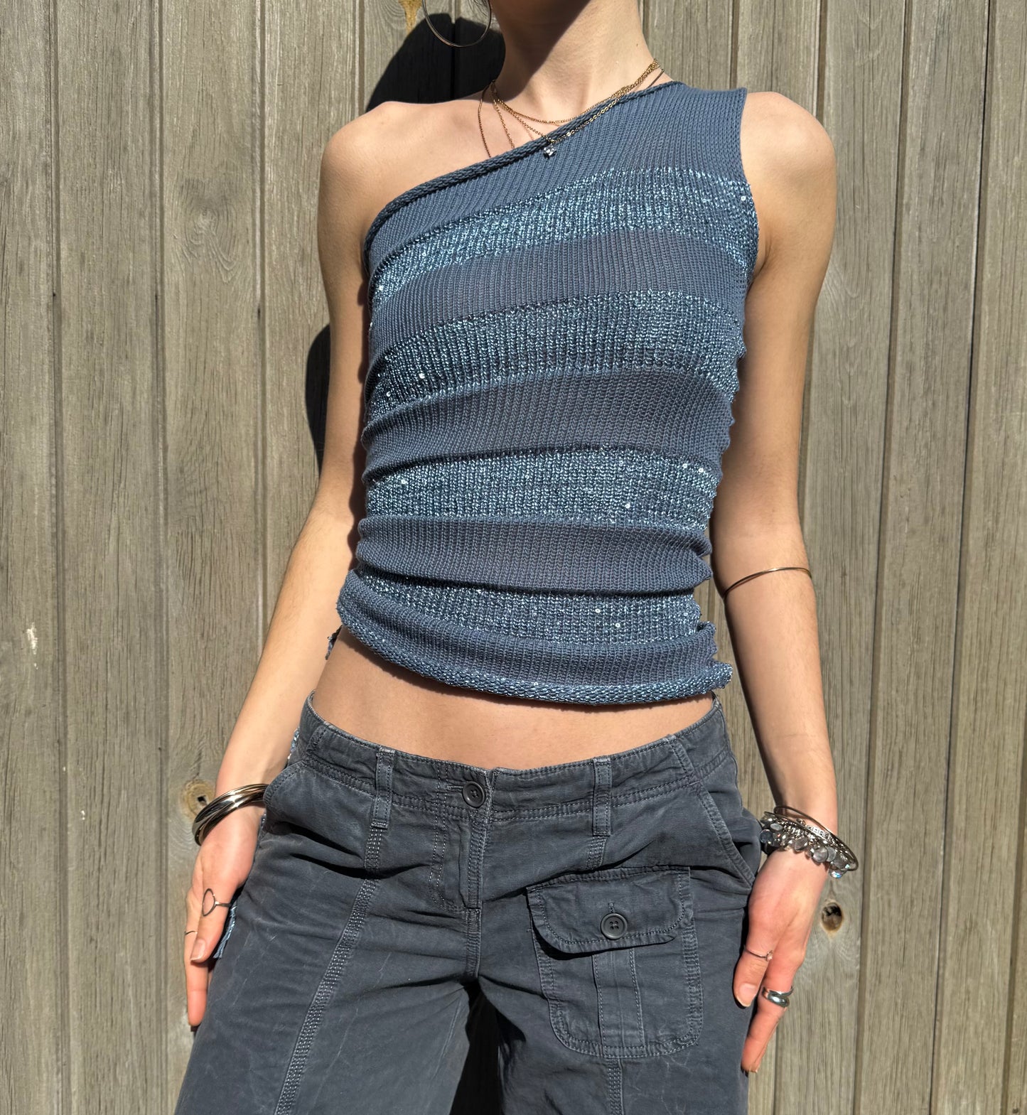 Handmade sparkly draped one shoulder knit top in denim blue - cotton