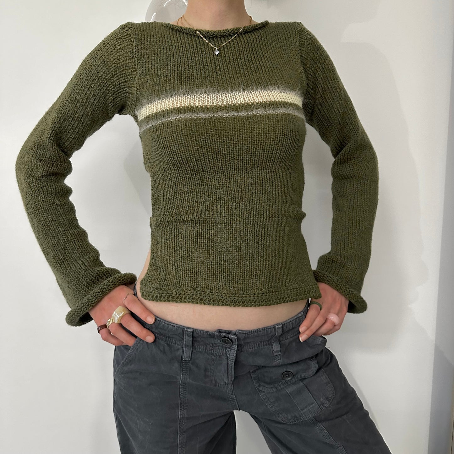 Handmade khaki green bow tie up knit jumper