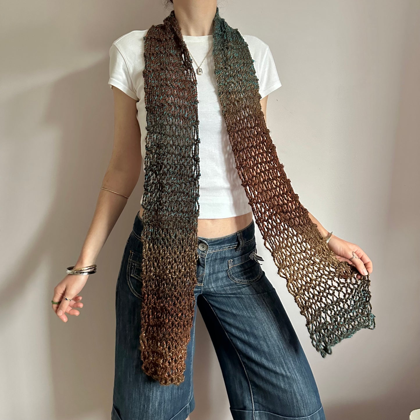 Handmade fishnet scarf in ombré brown and blue