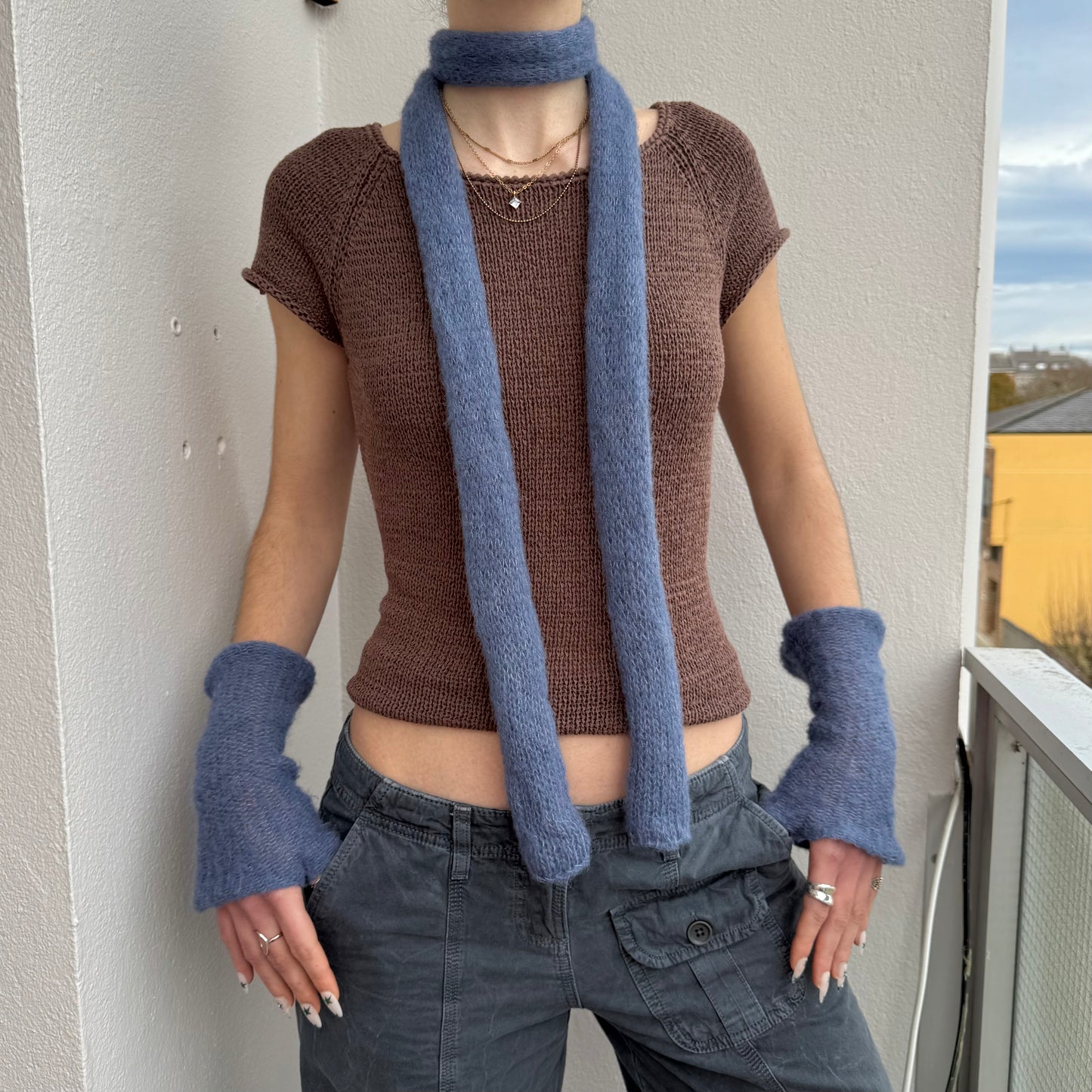 Handmade knitted mohair skinny scarf in denim blue