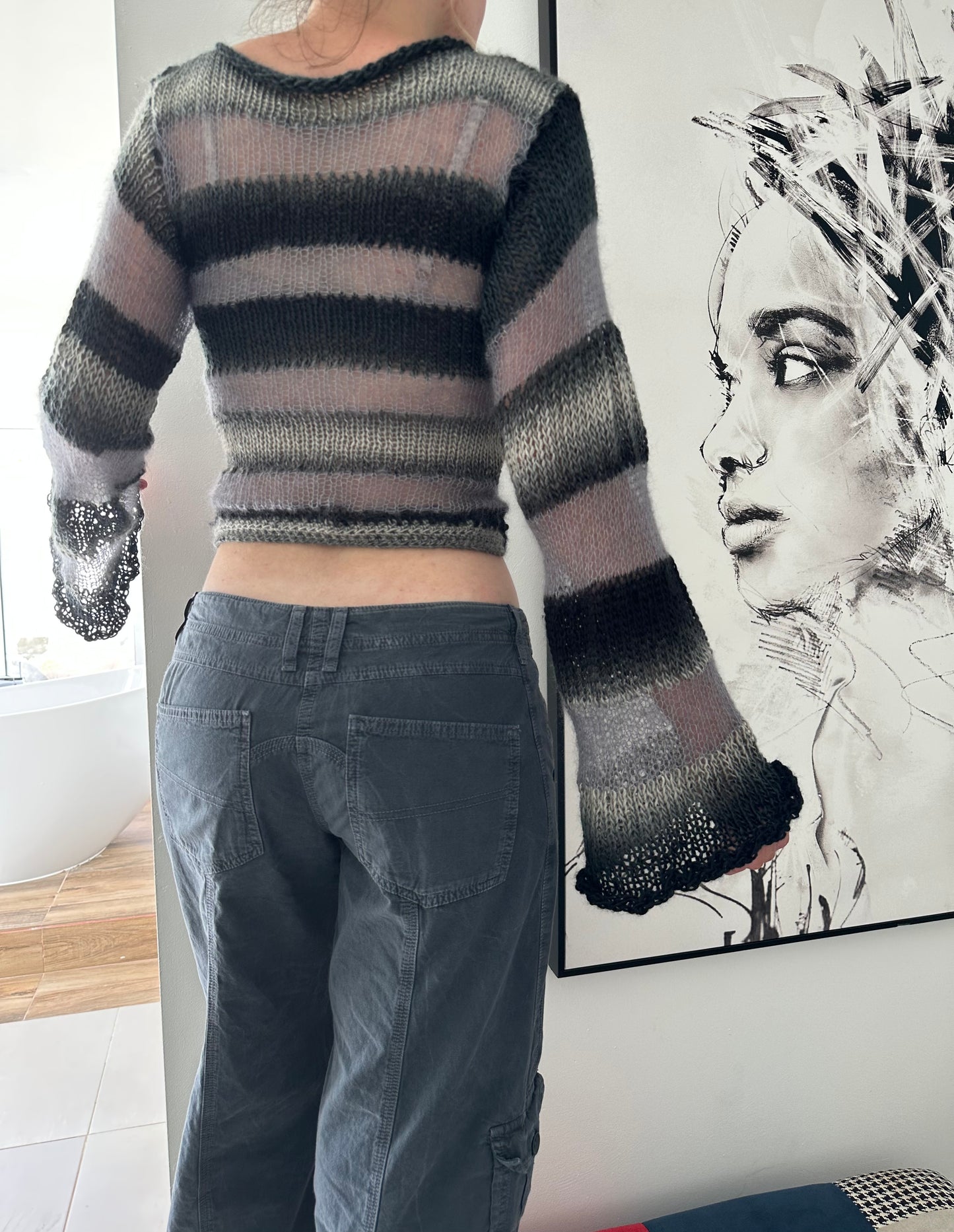 Handmade striped black and grey knitted mohair jumper with flared sleeves