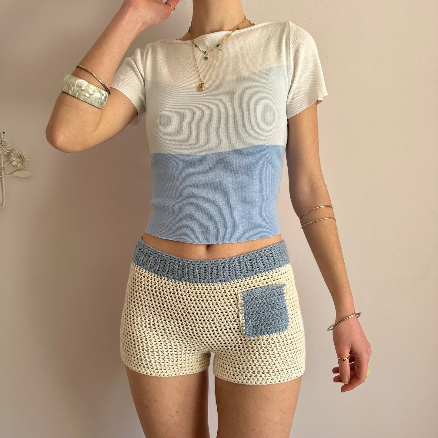 Handmade crochet shorts in cream and baby blue with pocket