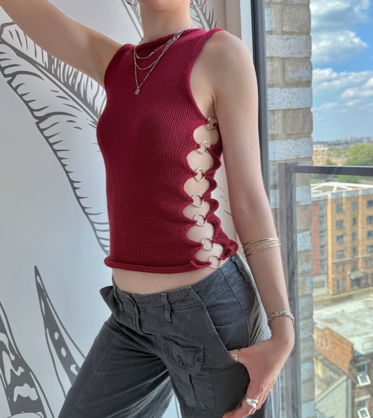 Handmade multiwear o-ring knitted vest in dark red