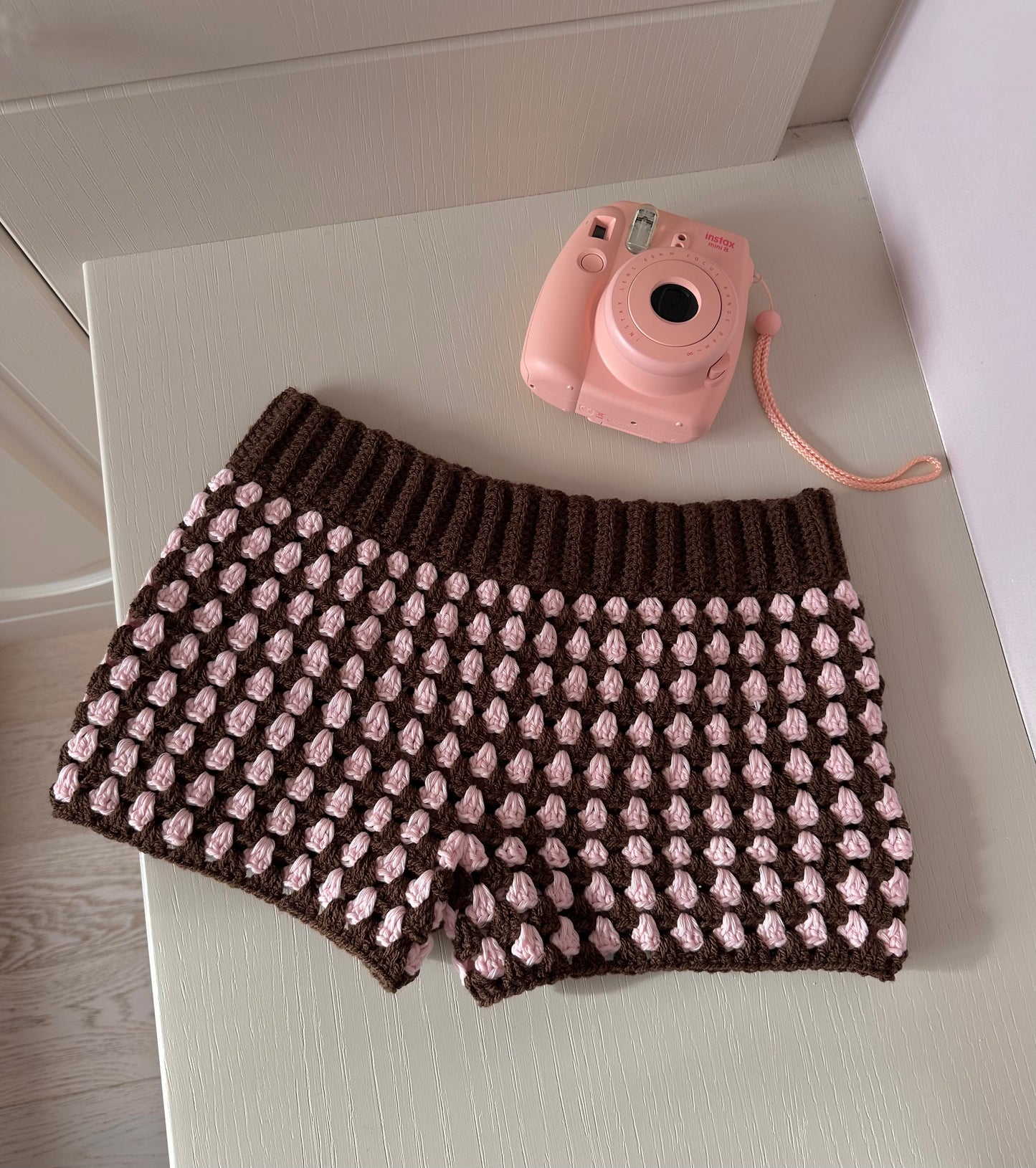 Handmade gingham crochet shorts in brown and pink