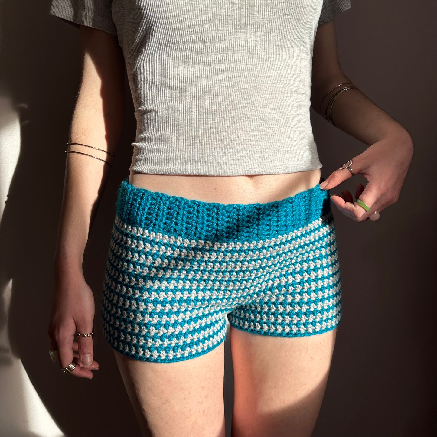 Handmade teal and light grey striped crochet shorts