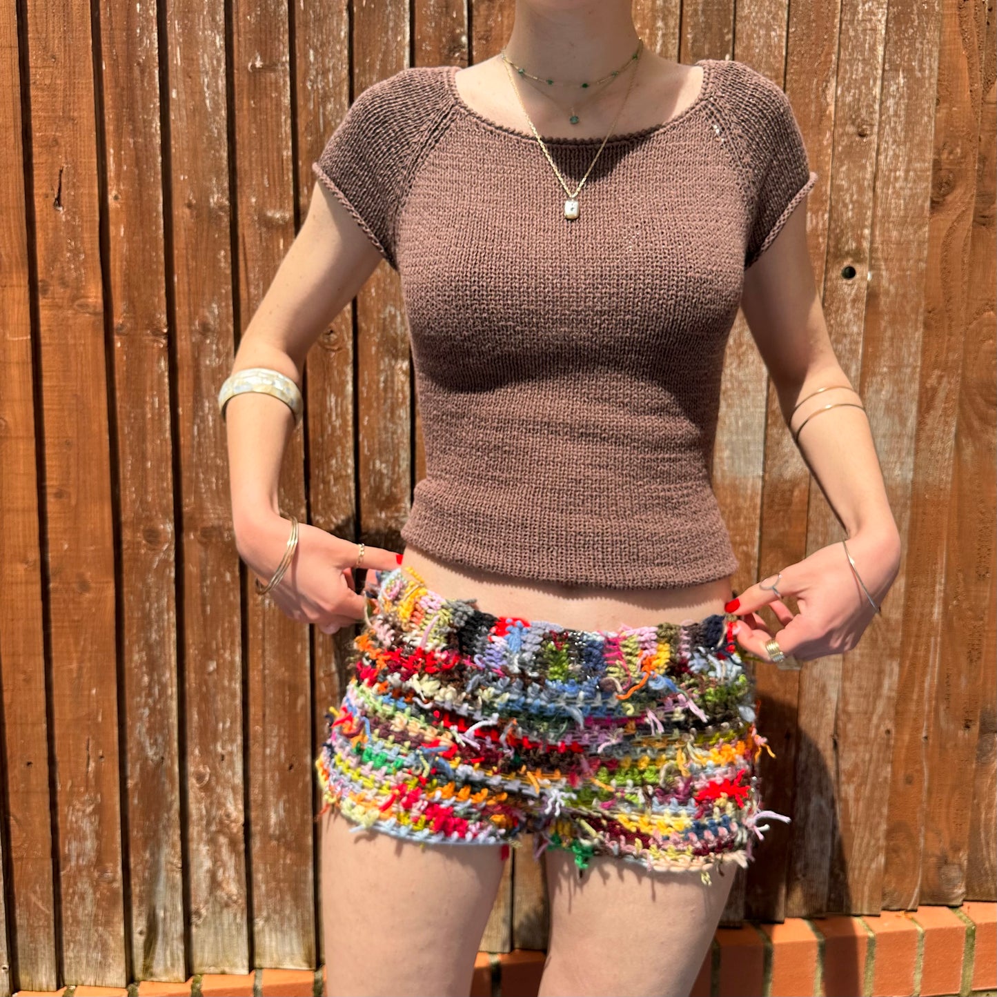 Handmade scrappy crochet shorts - 1 of 1, made of leftover yarn scraps