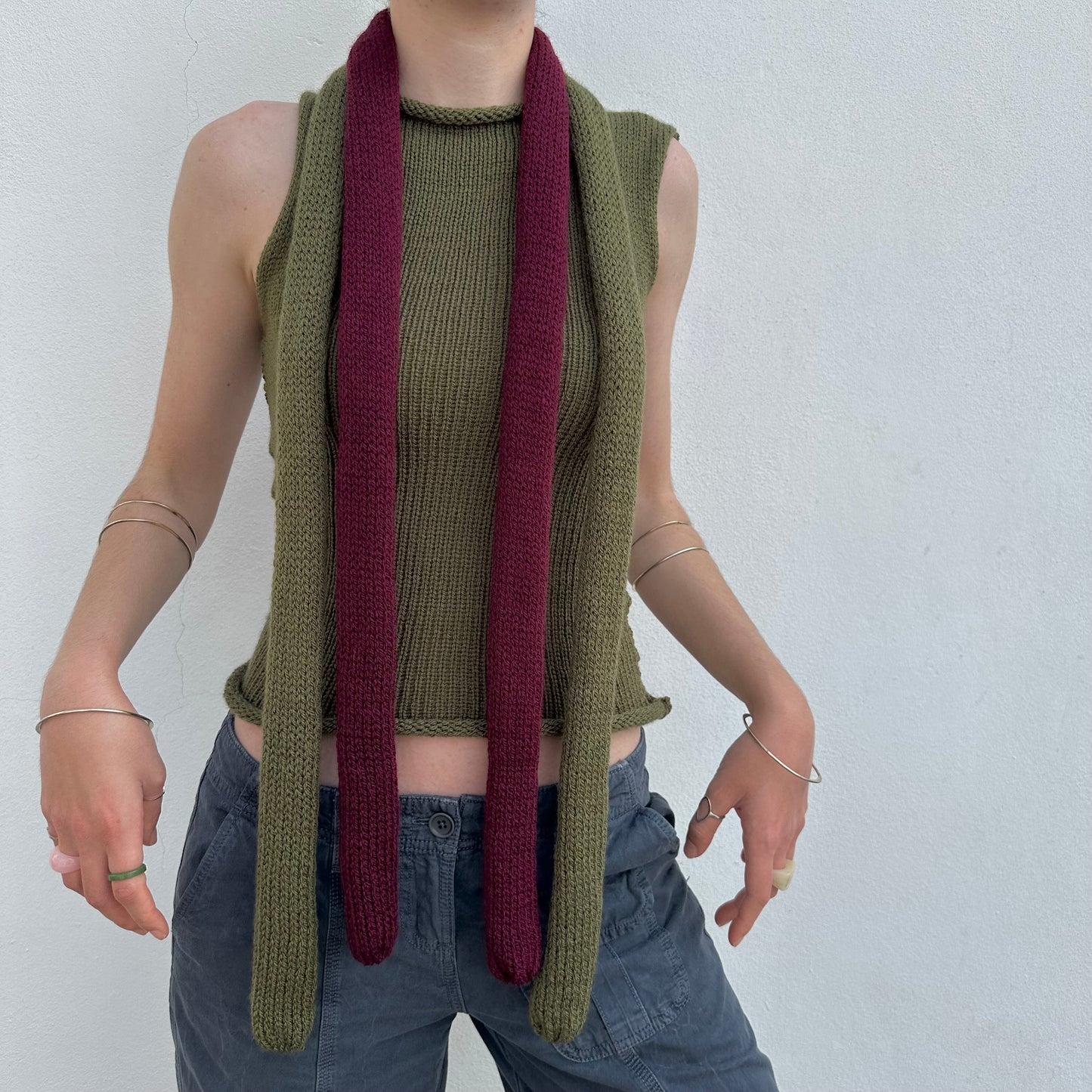 Handmade knitted skinny scarf in khaki green