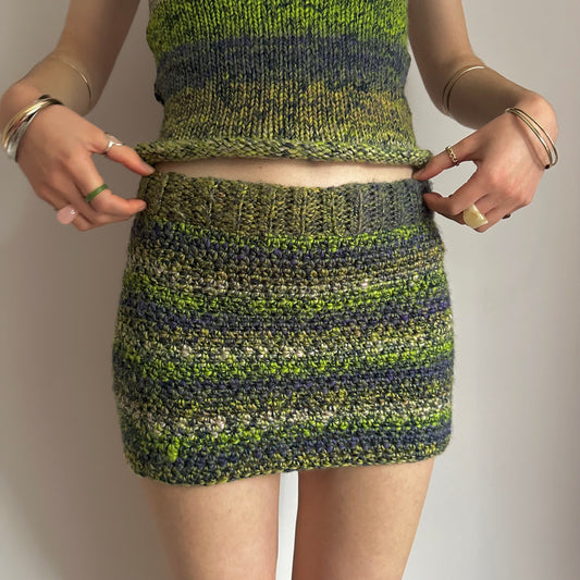 Handmade green, navy blue and cream ombré crochet mini skirt