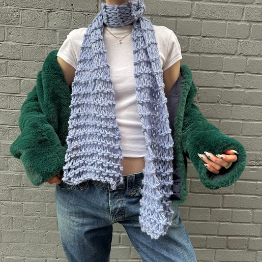 Handmade chunky fishnet knitted scarf in cornflower blue