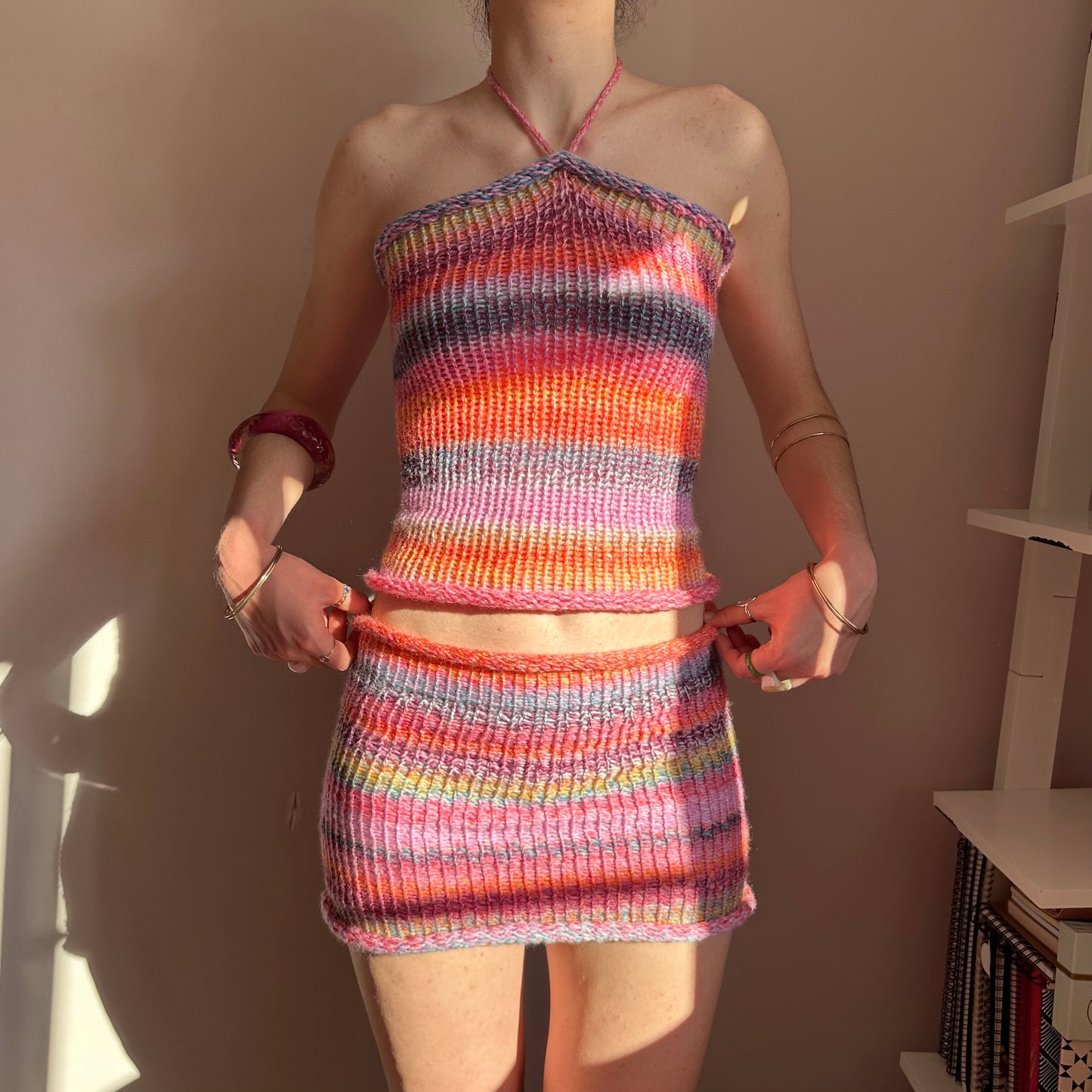 SET: Handmade knitted halter top and skirt in pink, purple, orange and yellow