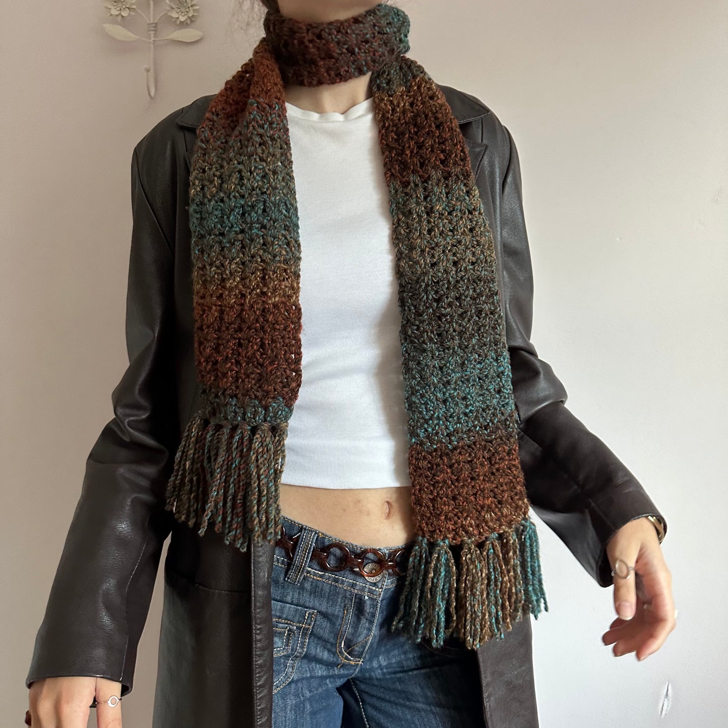 Handmade ombré blue and brown tassel crochet scarf