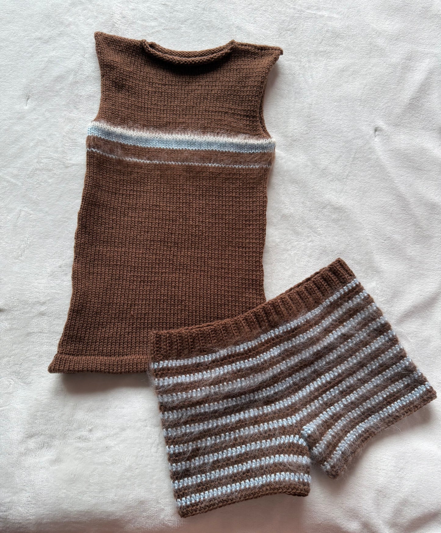 The Brown and Blue Set - matching mohair striped crochet shorts and knit vest top