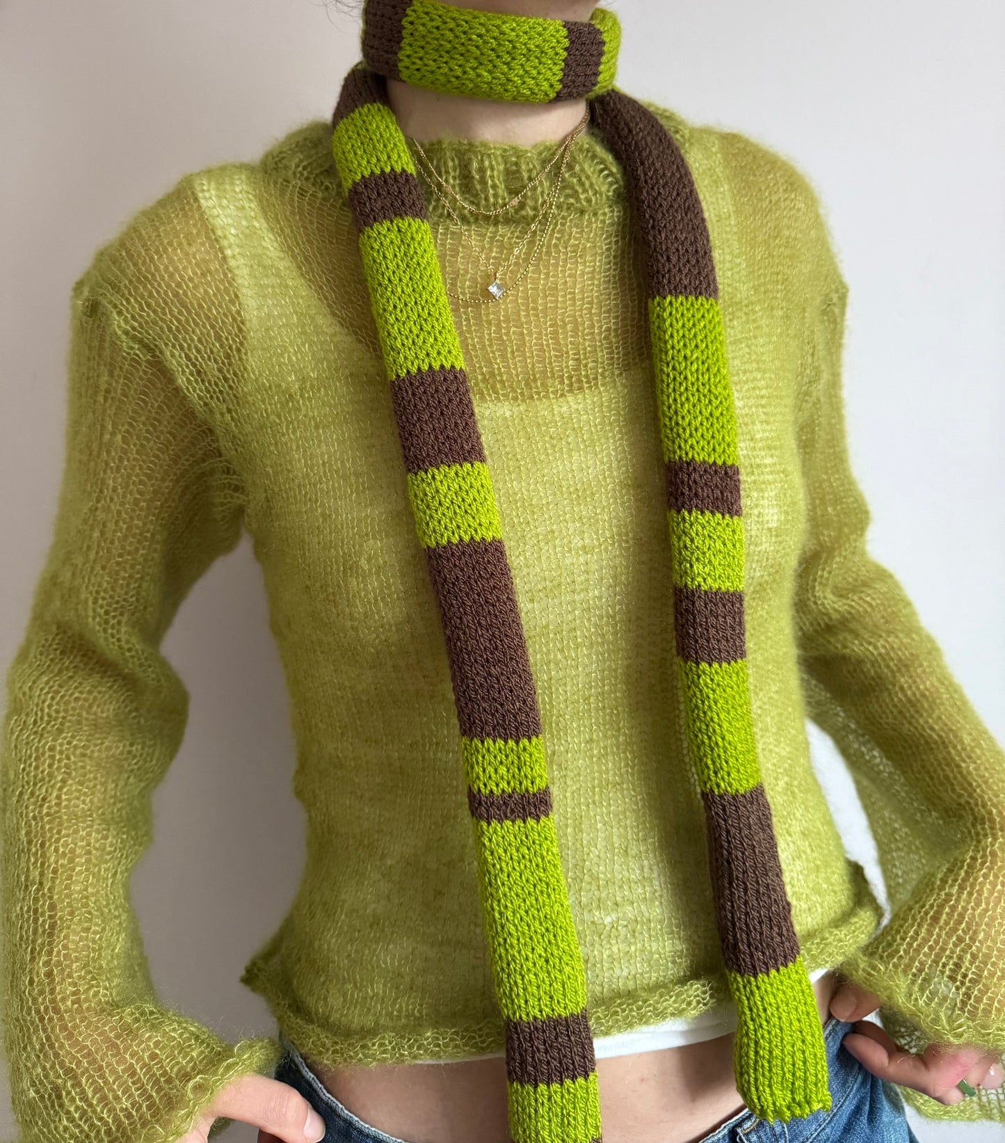 Handmade knitted striped skinny scarf in green and brown