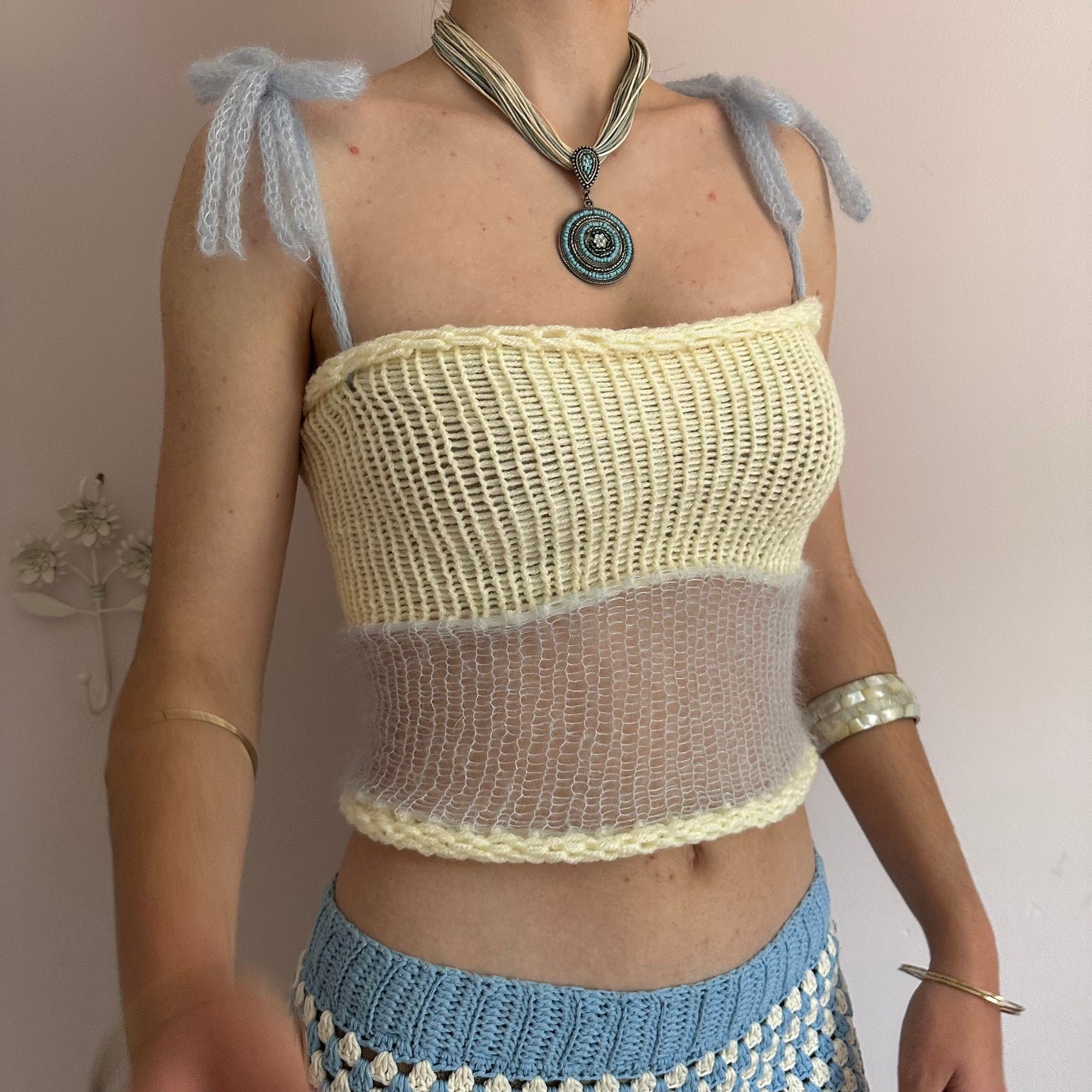 Handmade knitted mohair bow top in cream and baby blue