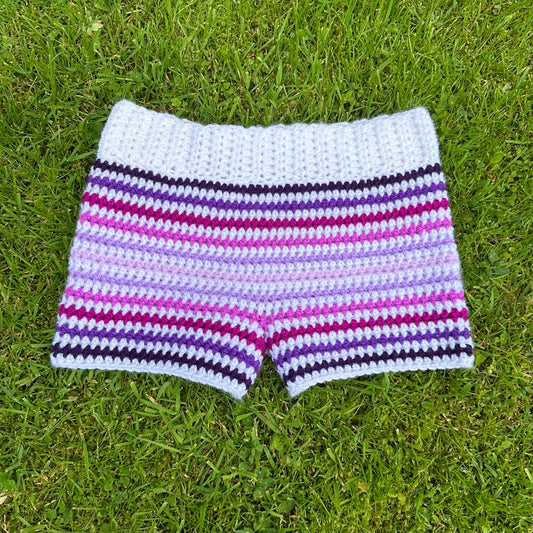 Handmade white and purple ombré striped crochet shorts