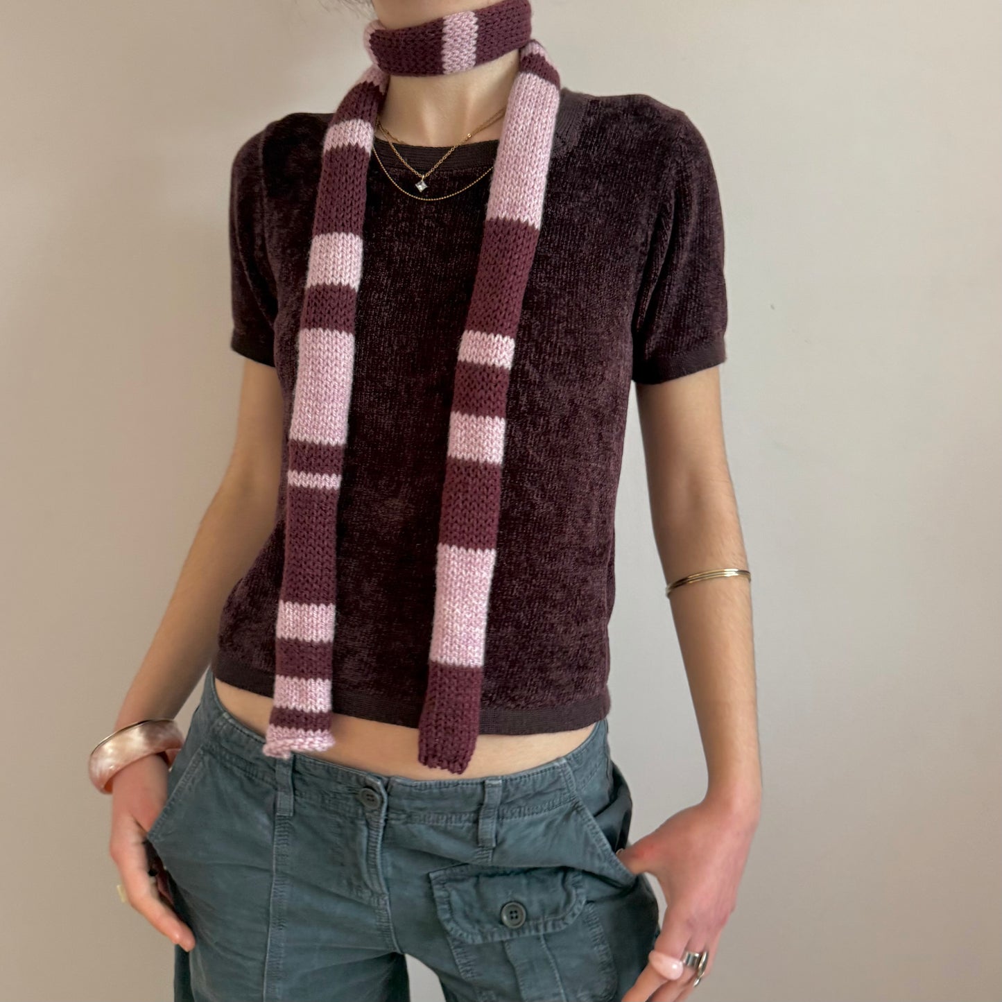 Handmade knitted stripy skinny scarf in maroon and dusky pink