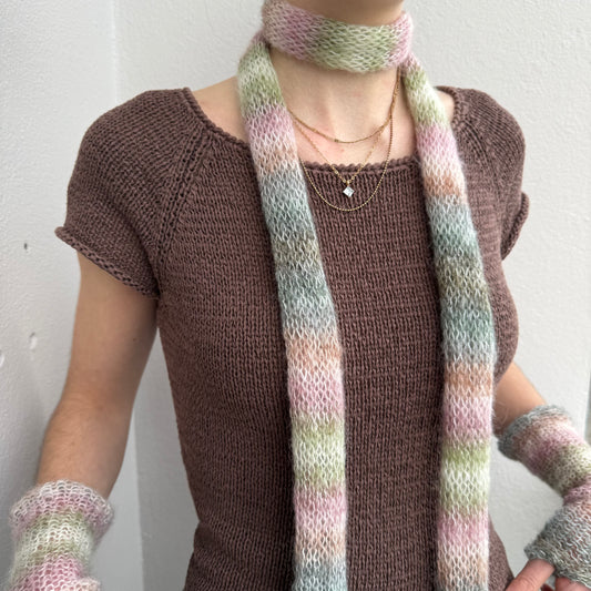 Handmade pastel shades knitted mohair ombré skinny scarf