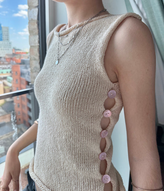 Handmade knitted Pearl Vest in cream with baby pink mother of pearl buttons