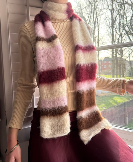 Handmade cream, burgundy, brown and baby pink fluffy striped scarf