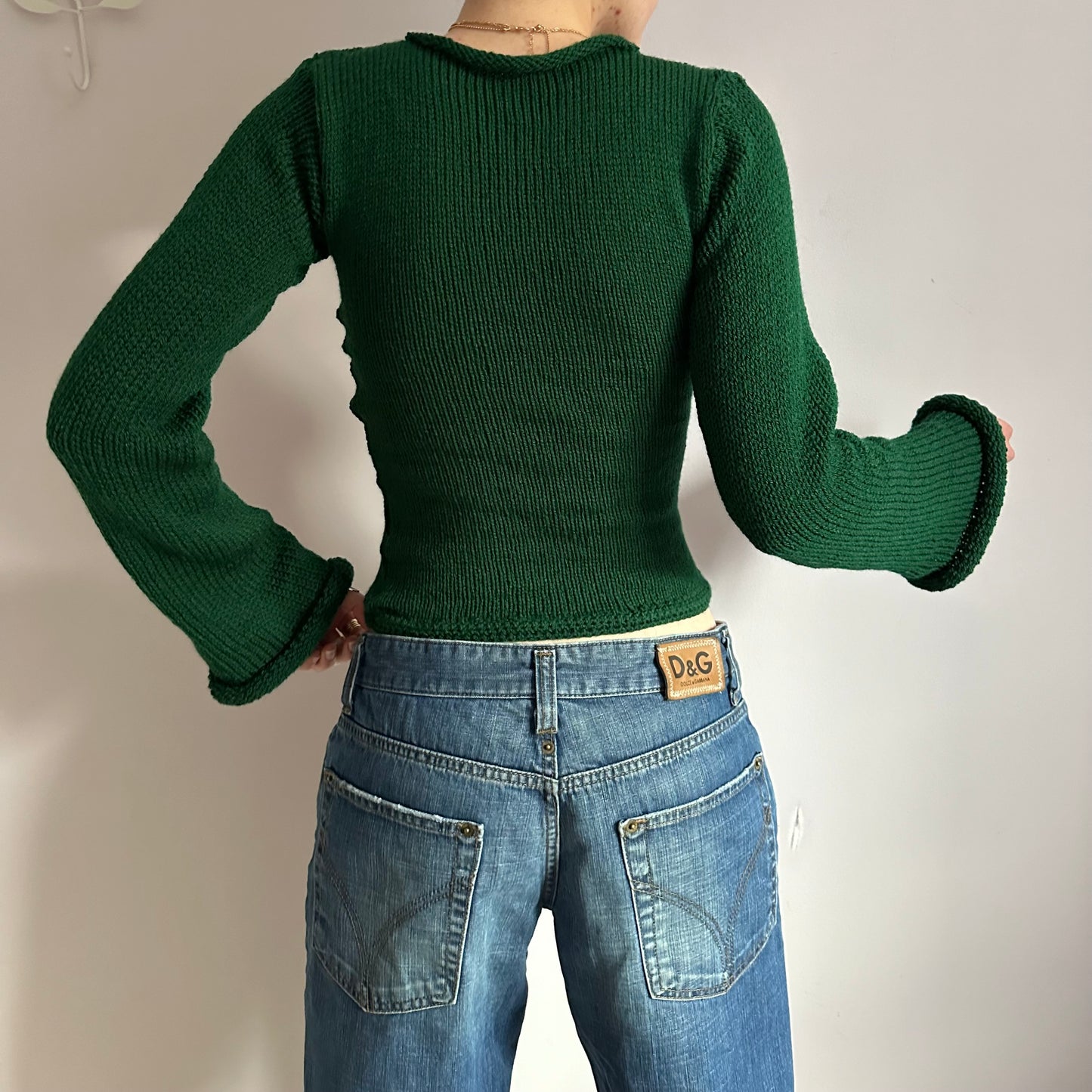 Handmade bottle green bell sleeve knitted jumper