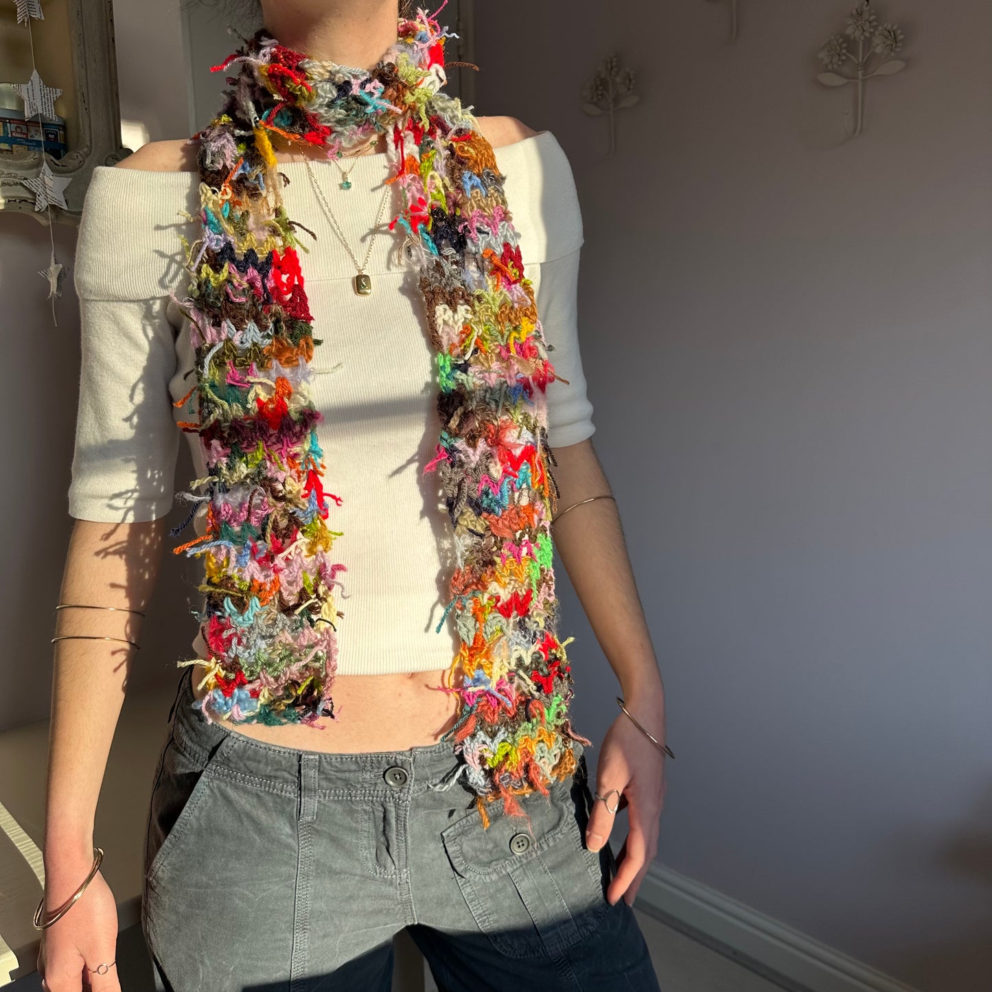 Scrappy skinny scarf #2 - handmade from leftover yarn scraps