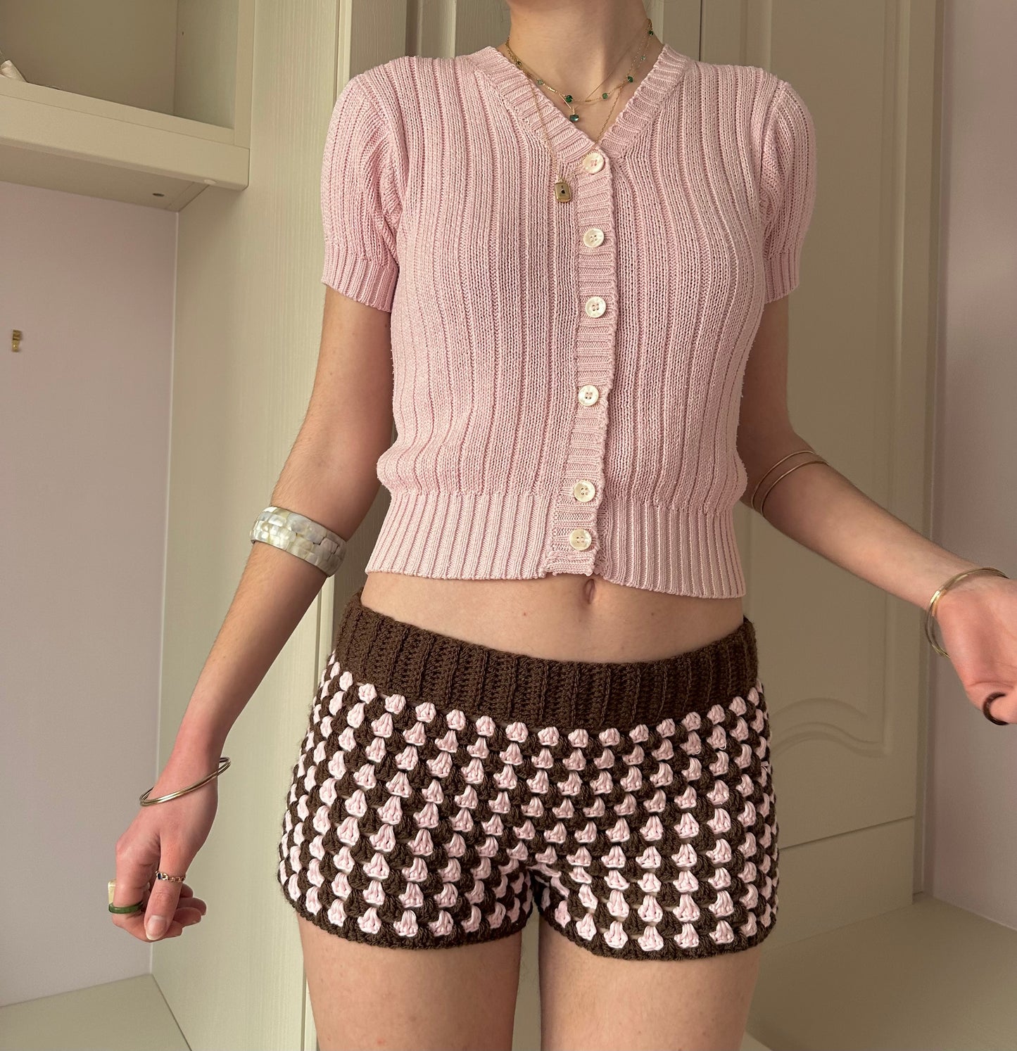 Handmade gingham crochet shorts in brown and pink