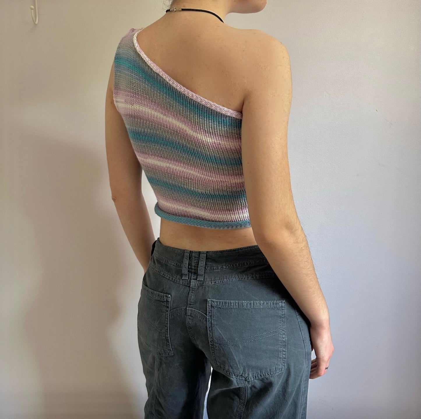 Handmade knitted one shoulder asymmetrical top in blue, lilac and white