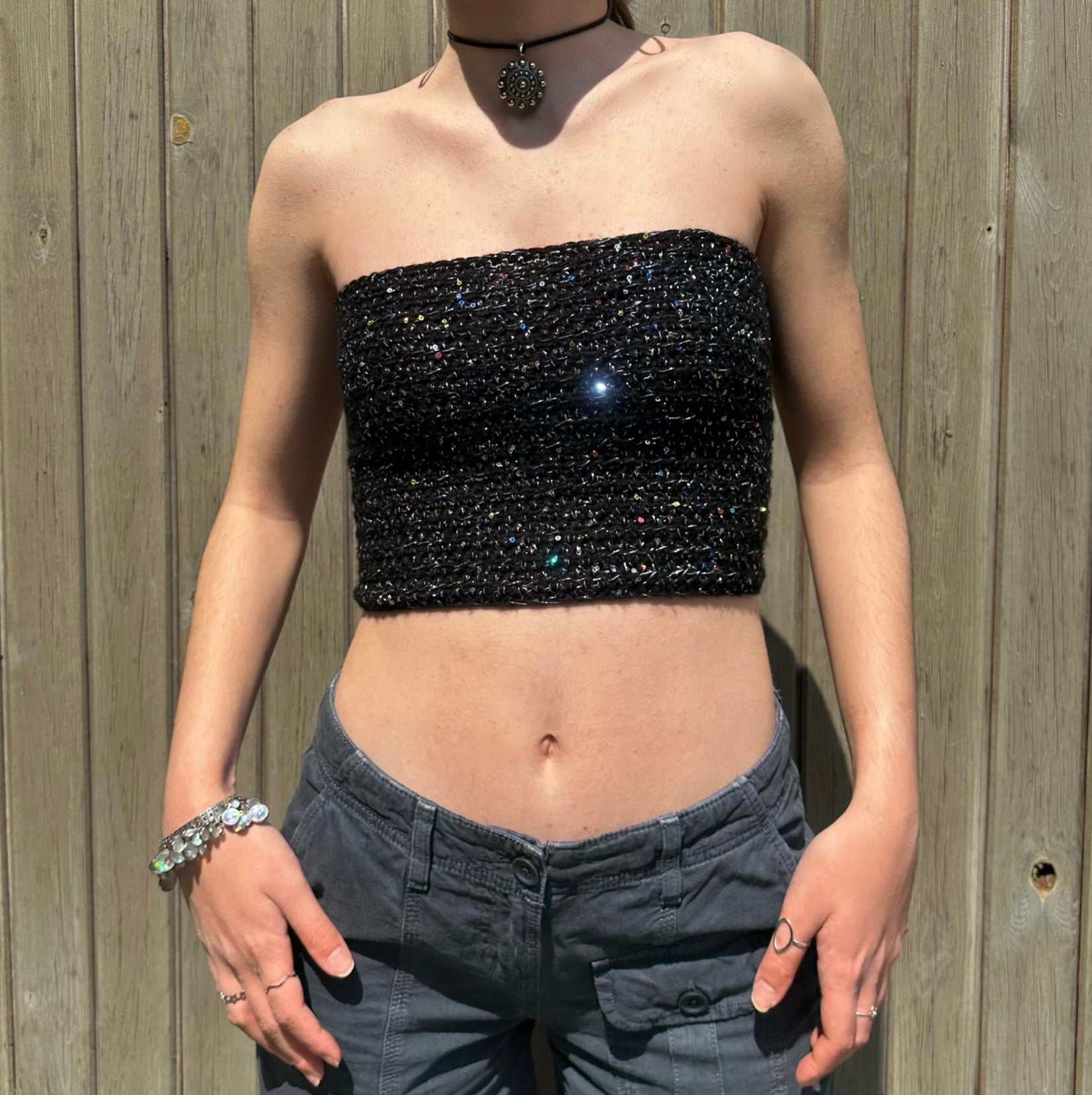 Handmade black crochet sparkly sequin lace up bandeau top – Yarns
