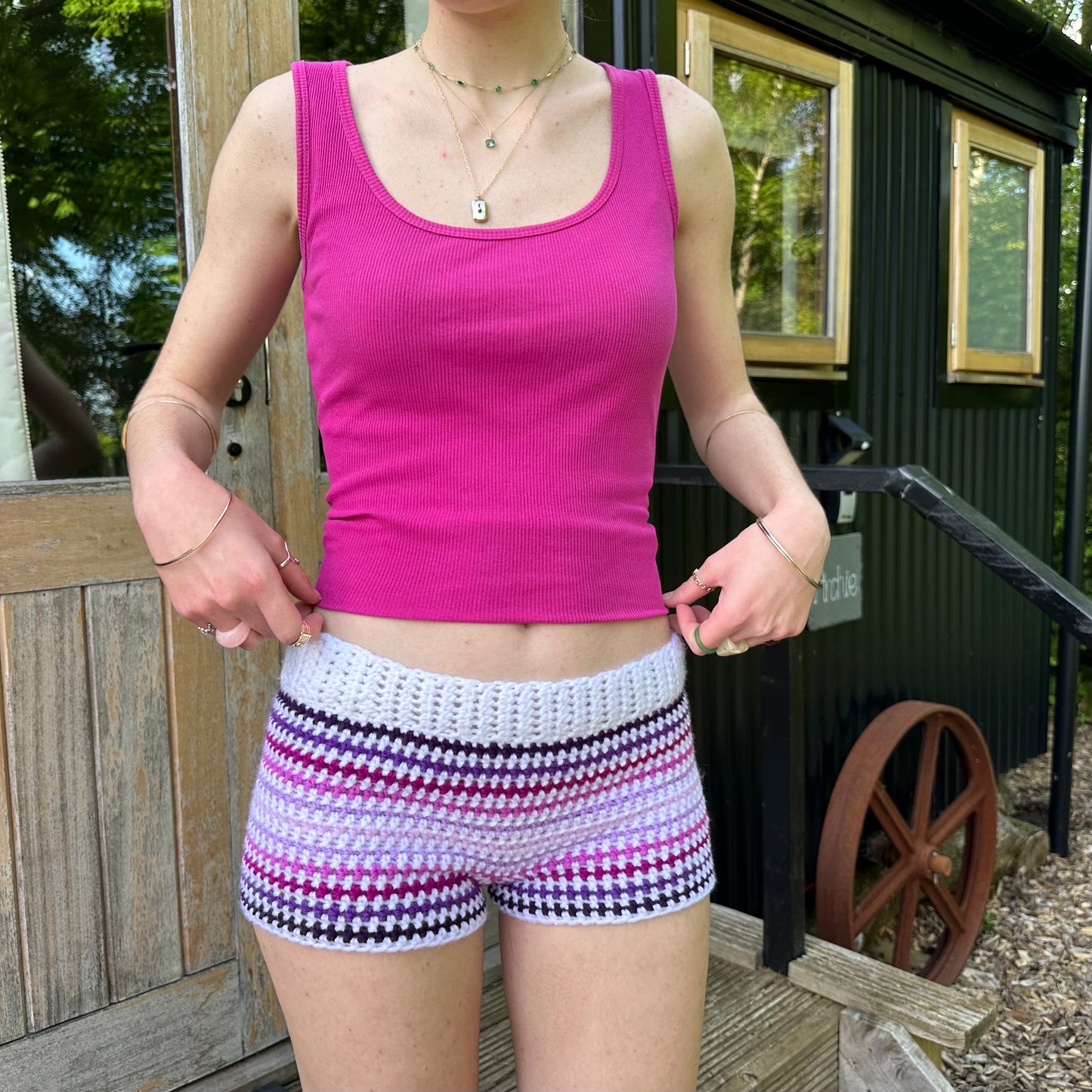 Handmade white and purple ombré striped crochet shorts