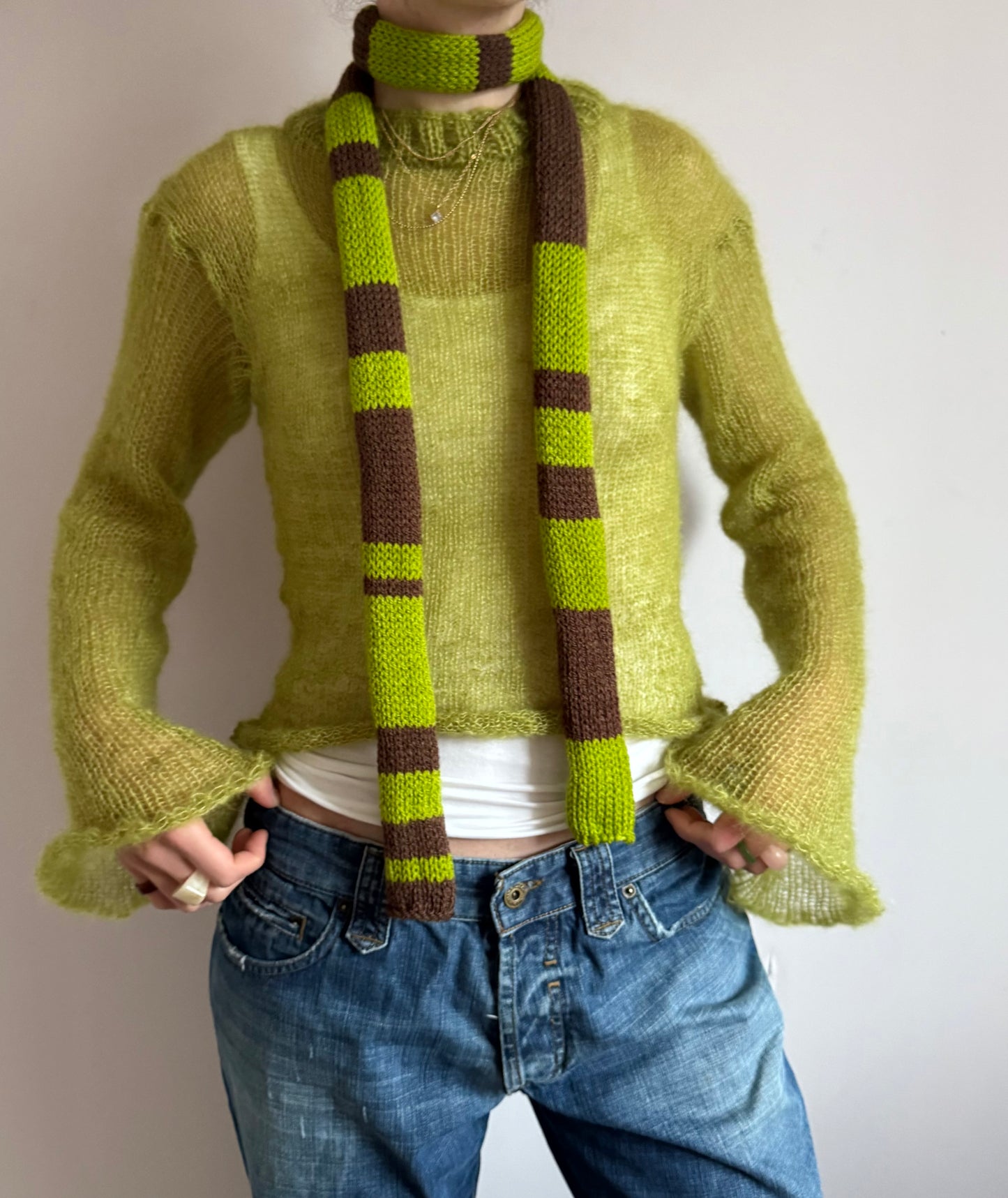 Handmade knitted striped skinny scarf in green and brown