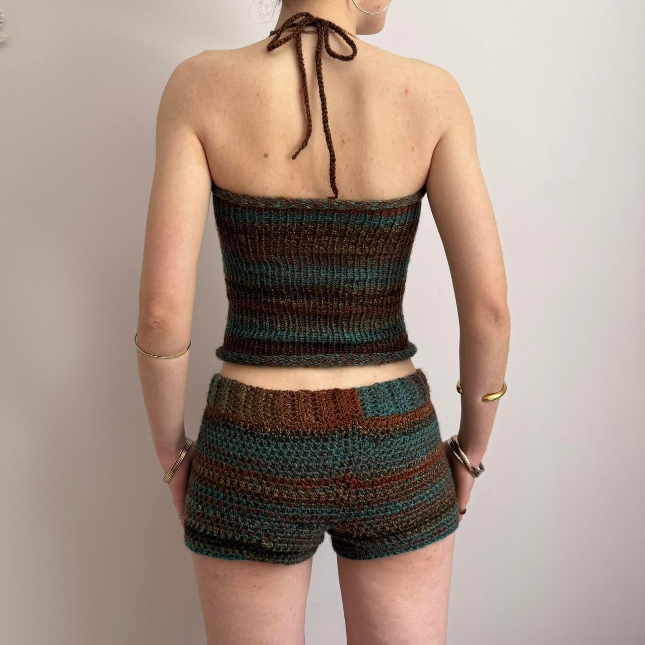 Handmade brown and blue ruched bust ombré knitted halter top