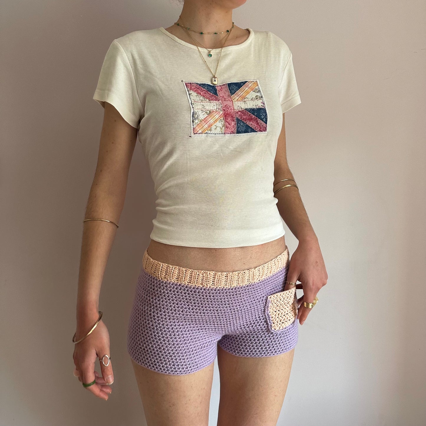 Handmade crochet shorts in lilac and peach with pocket