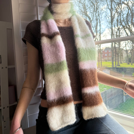 Handmade cream, light green, brown and baby pink fluffy striped scarf