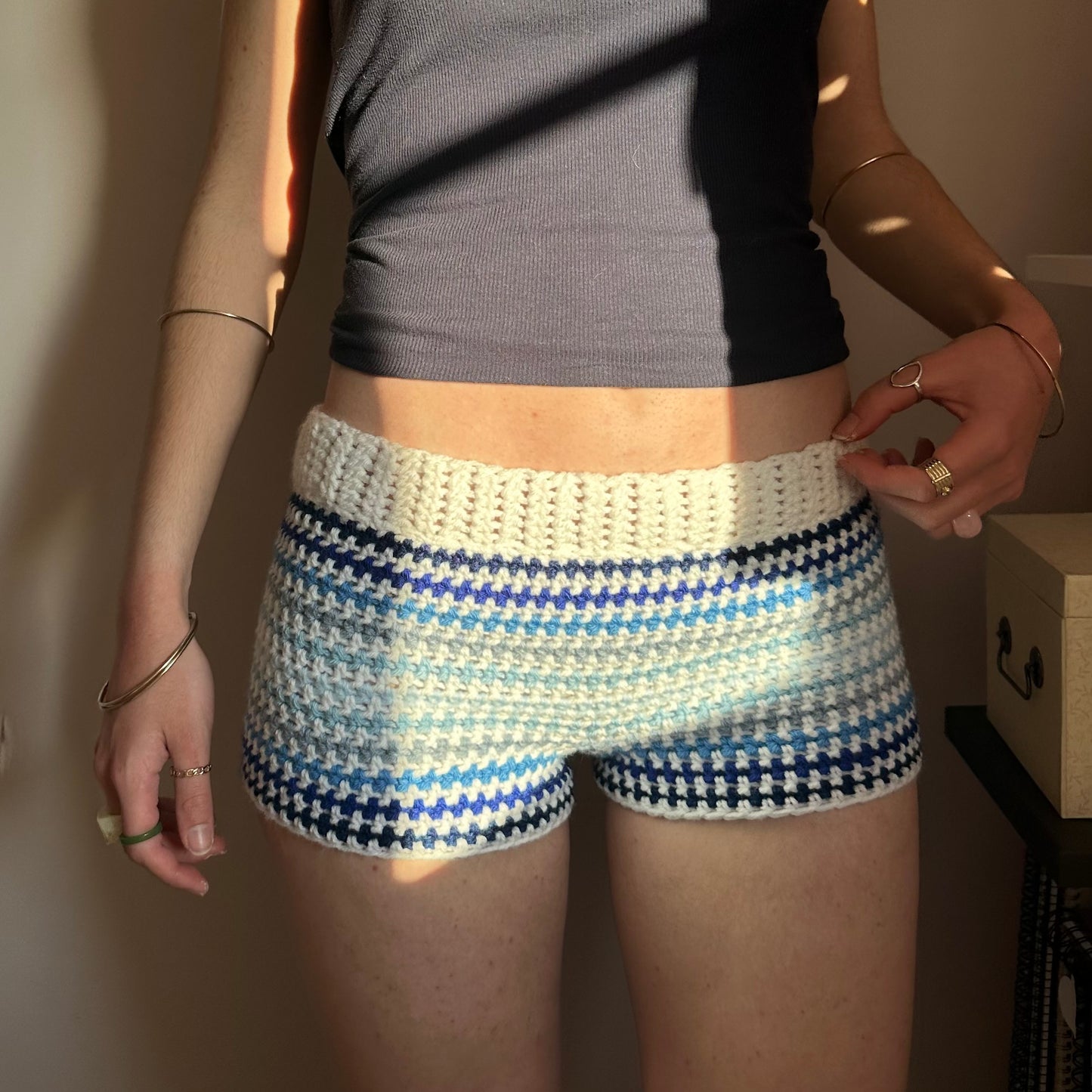 Handmade white and blue ombré striped crochet shorts