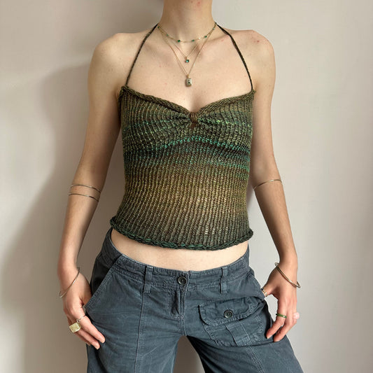 Handmade green and brown ruched bust ombré knitted halter top