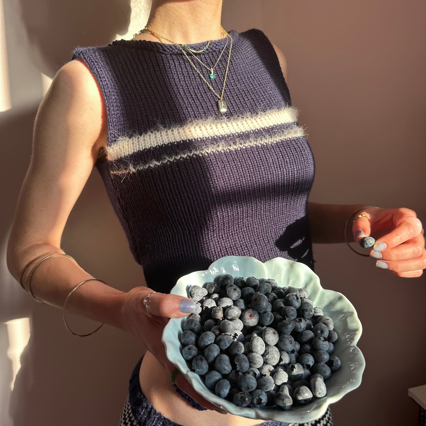 The Blueberry Set - matching striped crochet shorts and bow tie up knit vest top