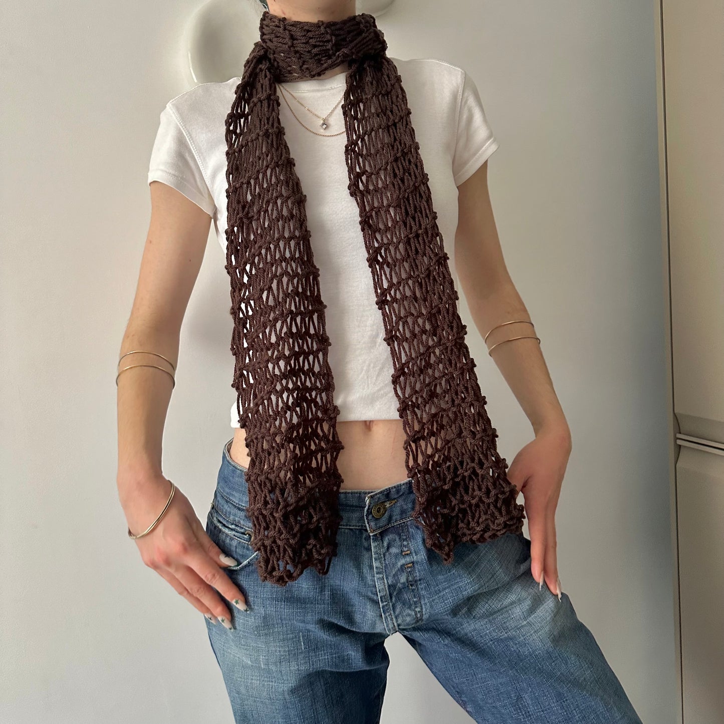 Handmade fishnet knitted scarf in brown