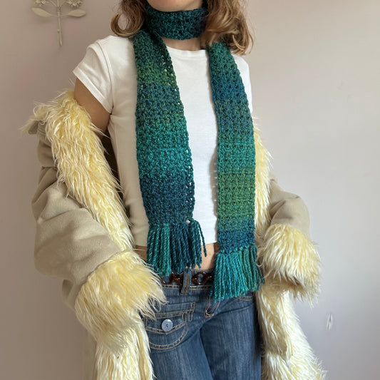 Handmade ombré blue and green tassel crochet scarf