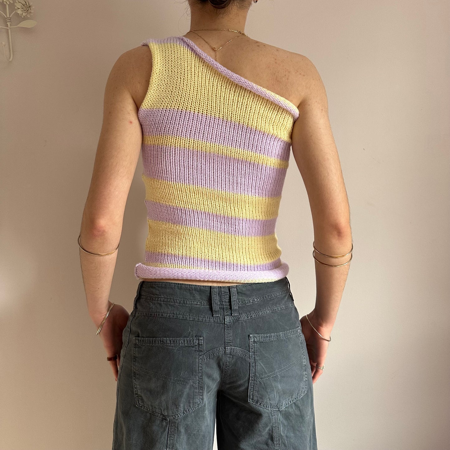 Handmade knitted striped one shoulder top in pastel yellow and lilac