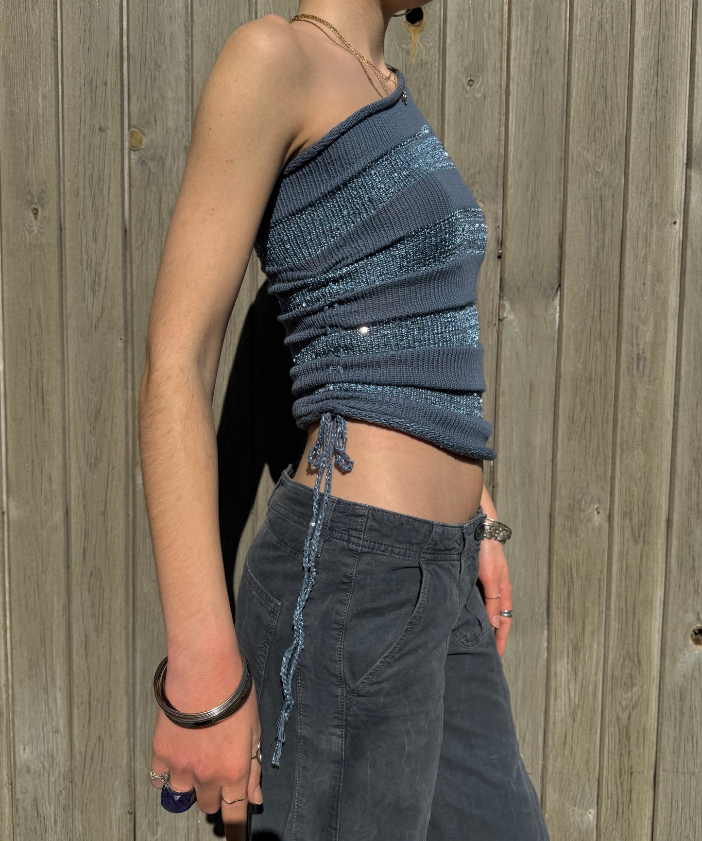 Handmade sparkly draped one shoulder knit top in denim blue - cotton