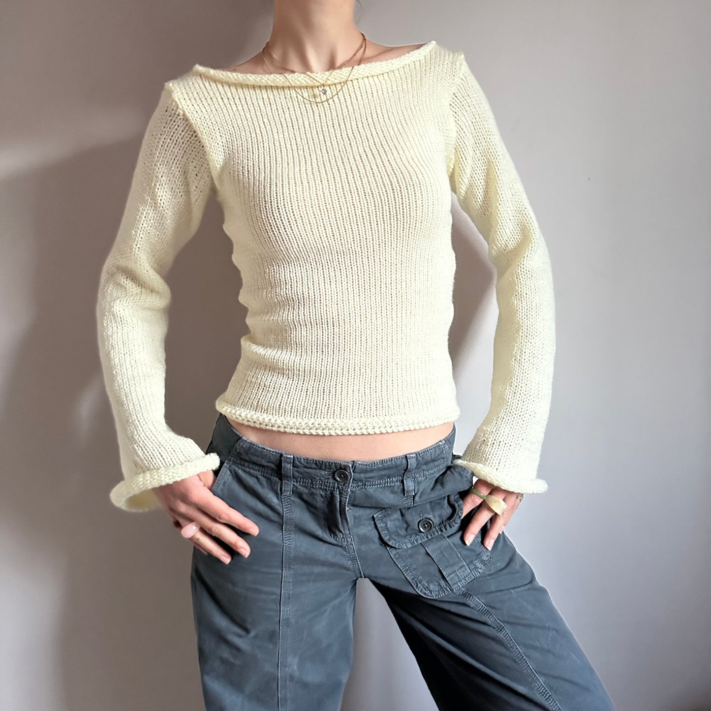 Handmade cream boat neck knitted jumper