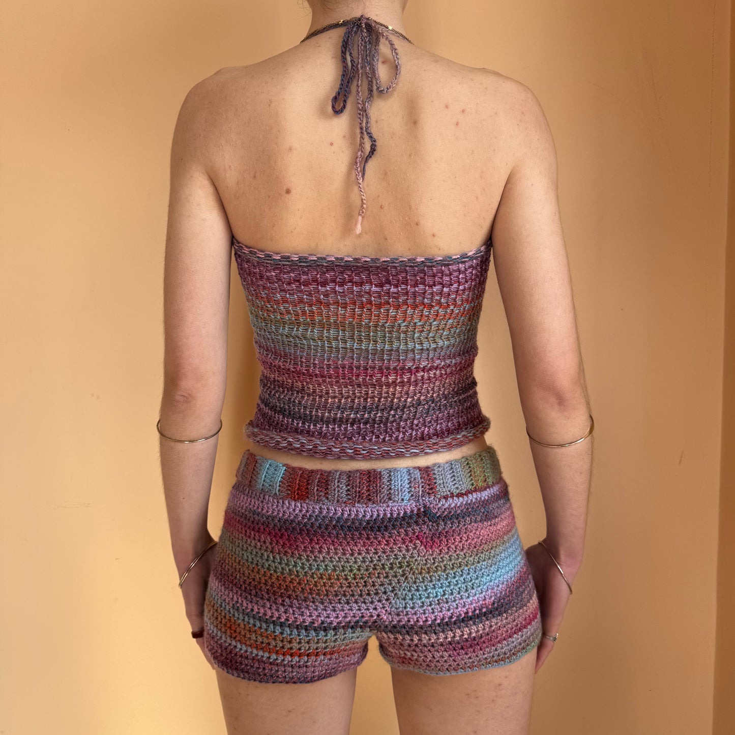 Handmade multicoloured ruched bust ombré knitted halter top