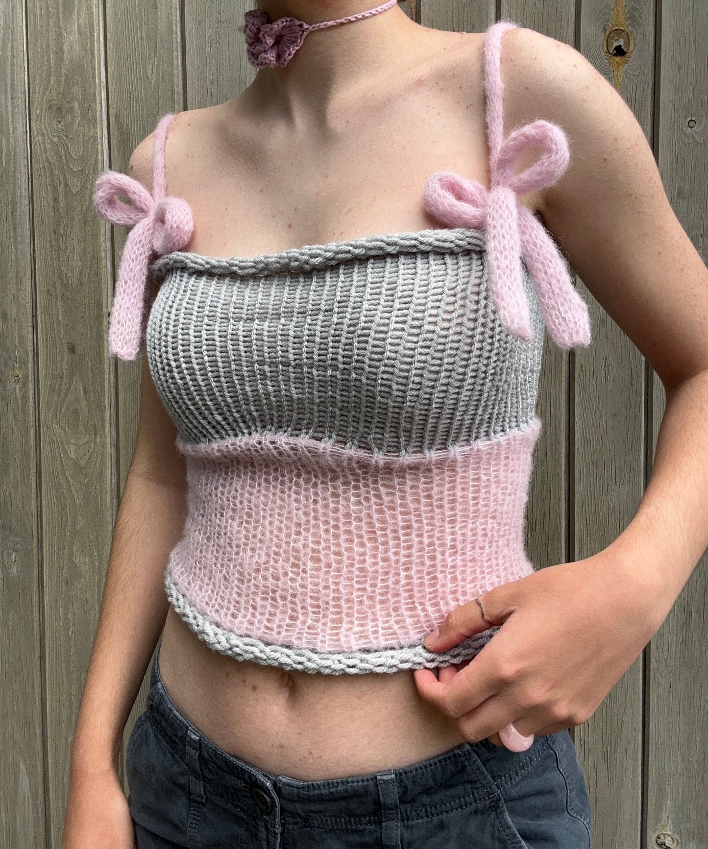 Handmade knitted mohair bow top in light grey and baby pink