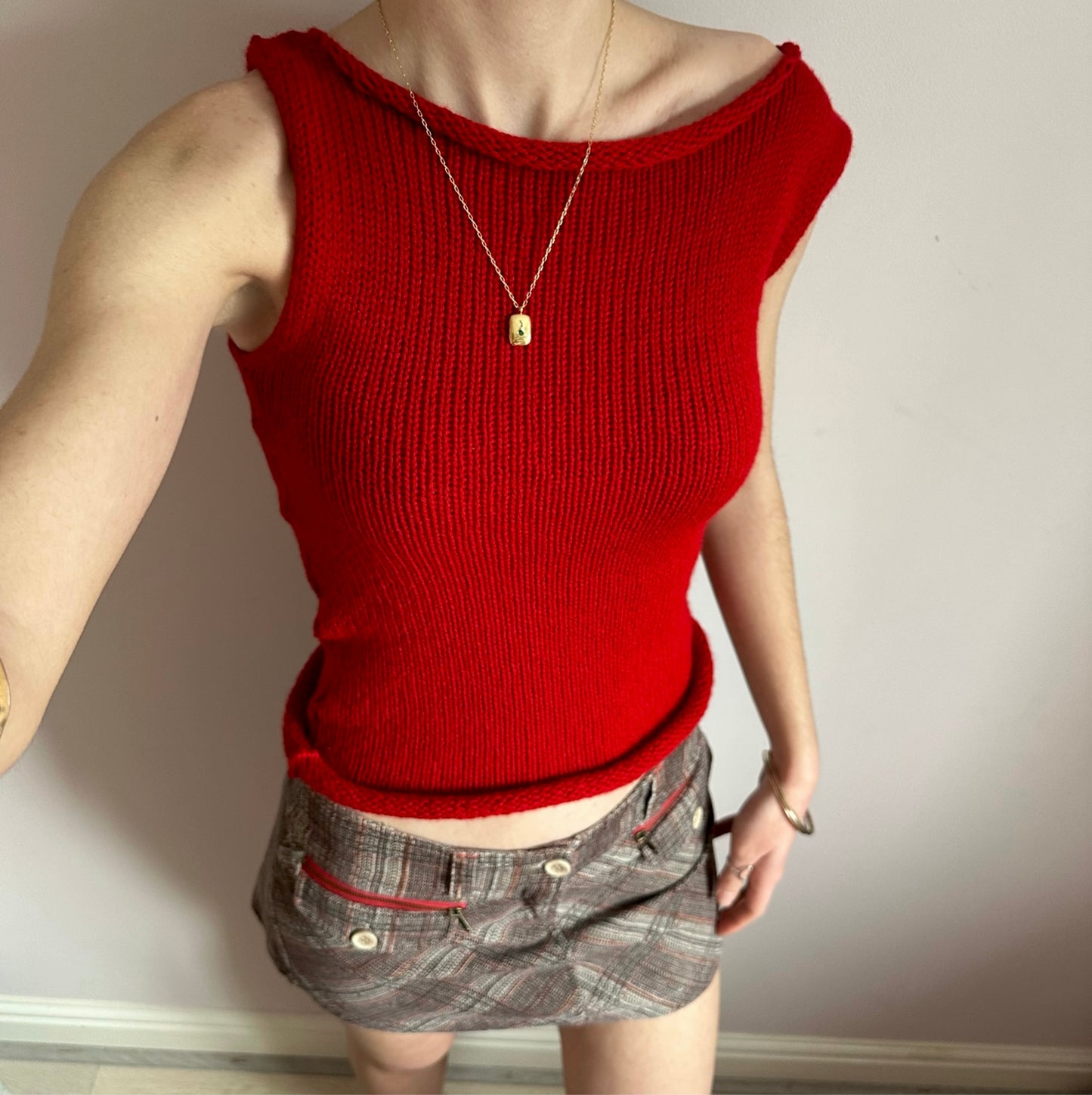 Handmade dark red off the shoulder knit vest